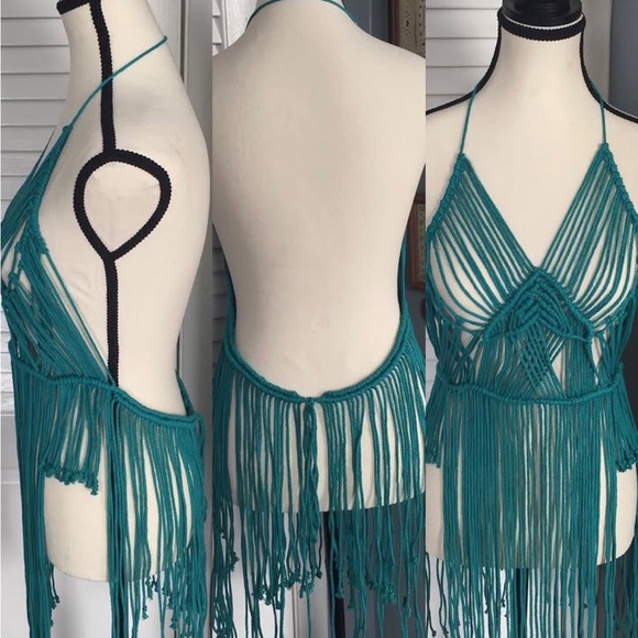 Handmade Teal Fringe Halter Beach Macrame Dress - Picture 3 of 9
